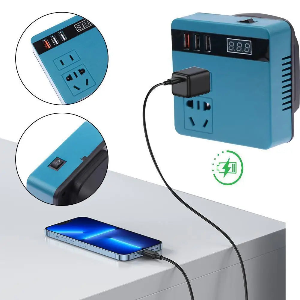 300W Power Inverter DC 18V-21V To AC 220V Lithium Battery Inverter With Dual USB,1 QC 3.0 For makita battery