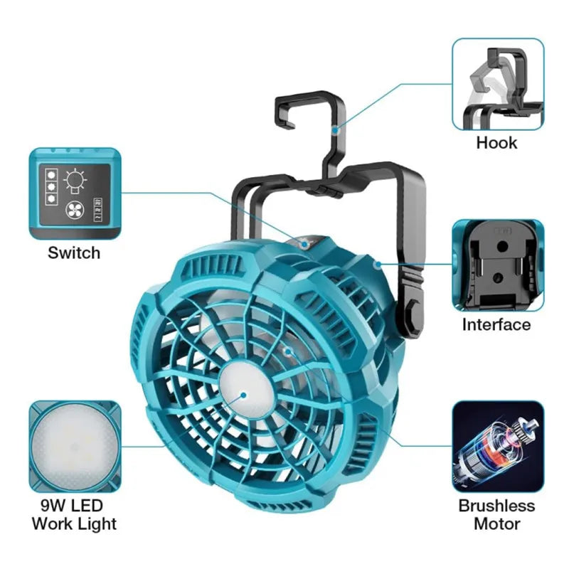 Portable Fan for Makita 18V Lithium-ion Battery Fan with 9W LED Work Light