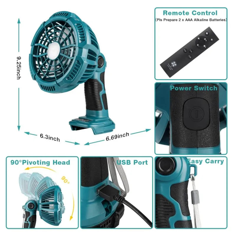 Portable Fan Powered for Makita 18V Lithium-ion Battery Cordless Fan with 9W LED Work USB Port Camping Job Fan